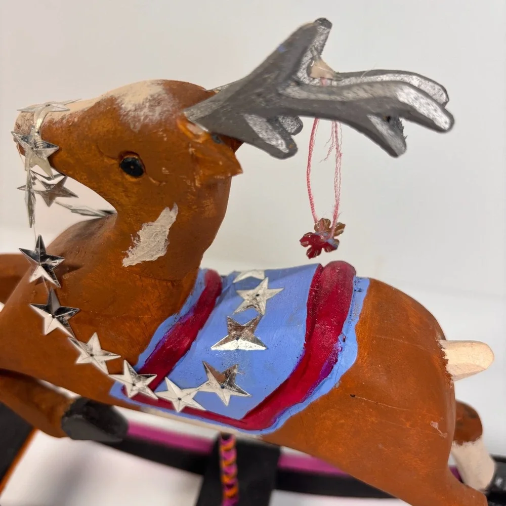 Vintage 1989 Hand Carved Wood Reindeer Folk Art Rocking Sculpture Star Motif